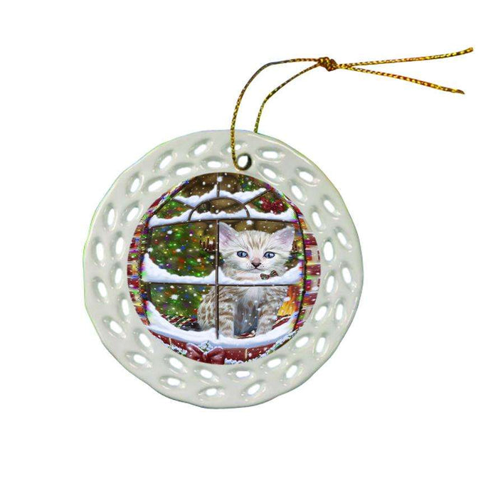 Please Come Home For Christmas Bengal Cat Sitting In Window Ceramic Doily Ornament DPOR53616