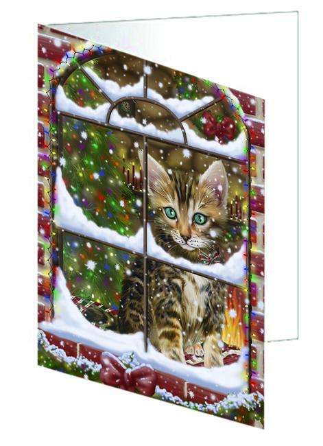 Please Come Home For Christmas Bengal Cat Sitting In Window Handmade Artwork Assorted Pets Greeting Cards and Note Cards with Envelopes for All Occasions and Holiday Seasons GCD64871