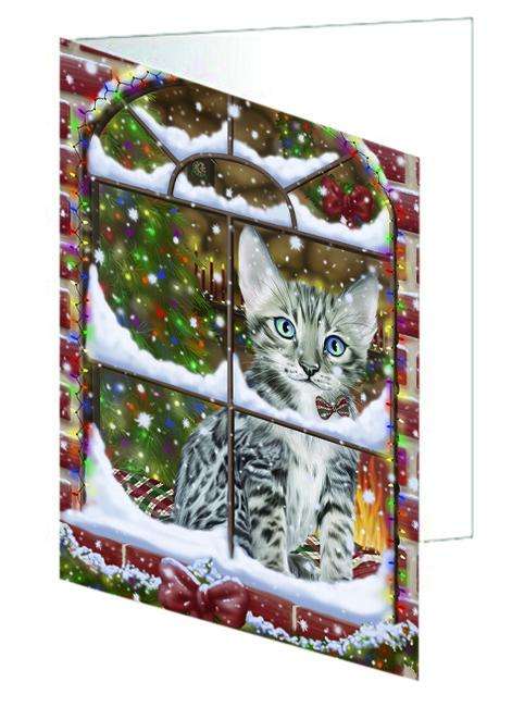 Please Come Home For Christmas Bengal Cat Sitting In Window Handmade Artwork Assorted Pets Greeting Cards and Note Cards with Envelopes for All Occasions and Holiday Seasons GCD64874
