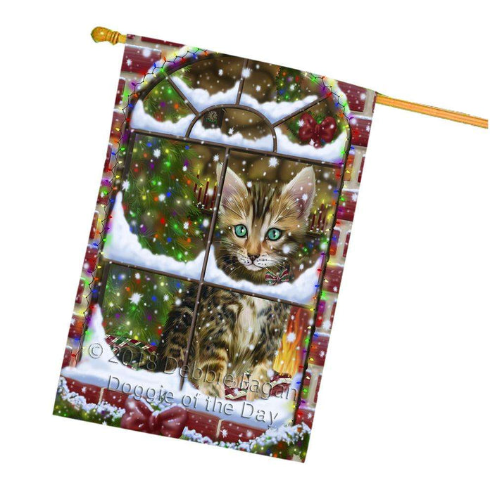 Please Come Home For Christmas Bengal Cat Sitting In Window House Flag FLG53812