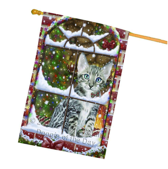 Please Come Home For Christmas Bengal Cat Sitting In Window House Flag FLG53813