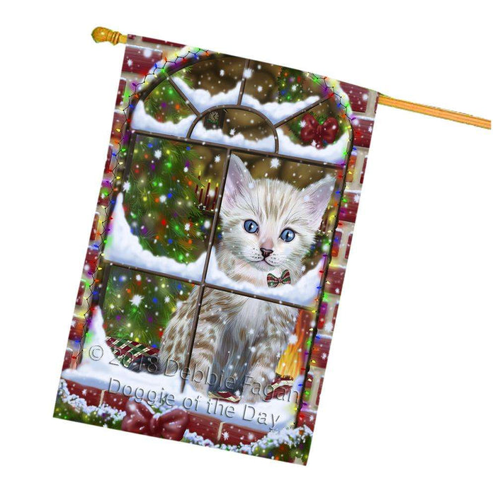 Please Come Home For Christmas Bengal Cat Sitting In Window House Flag FLG53814