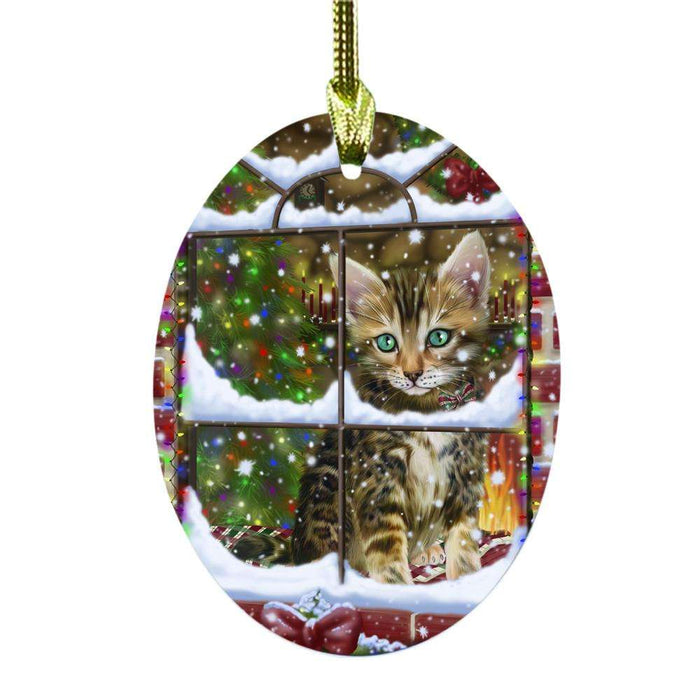 Please Come Home For Christmas Bengal Cat Sitting In Window Oval Glass Christmas Ornament OGOR49130