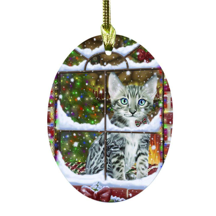 Please Come Home For Christmas Bengal Cat Sitting In Window Oval Glass Christmas Ornament OGOR49131