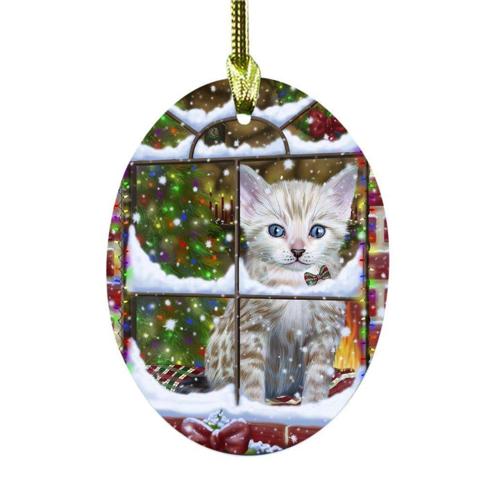 Please Come Home For Christmas Bengal Cat Sitting In Window Oval Glass Christmas Ornament OGOR49132