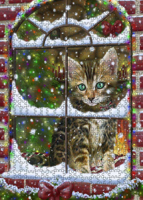 Please Come Home For Christmas Bengal Cat Sitting In Window Puzzle with Photo Tin PUZL81612