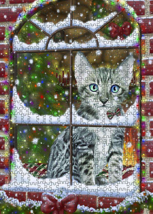 Please Come Home For Christmas Bengal Cat Sitting In Window Puzzle with Photo Tin PUZL81616
