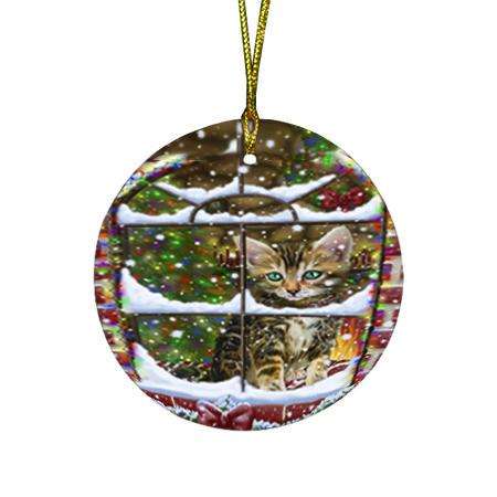 Please Come Home For Christmas Bengal Cat Sitting In Window Round Flat Christmas Ornament RFPOR53605