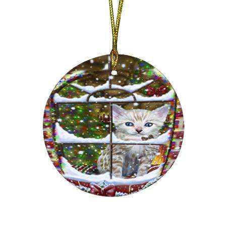 Please Come Home For Christmas Bengal Cat Sitting In Window Round Flat Christmas Ornament RFPOR53607