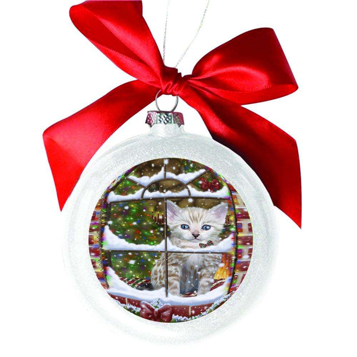 Please Come Home For Christmas Bengal Cat Sitting In Window White Round Ball Christmas Ornament WBSOR49132