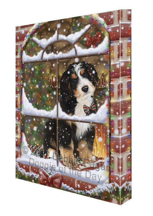 Please Come Home For Christmas Bernedoodle Dog Sitting In Window Canvas Wall Art
