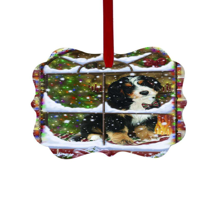 Please Come Home For Christmas Bernedoodle Dog Sitting In Window Double-Sided Photo Benelux Christmas Ornament LOR49133