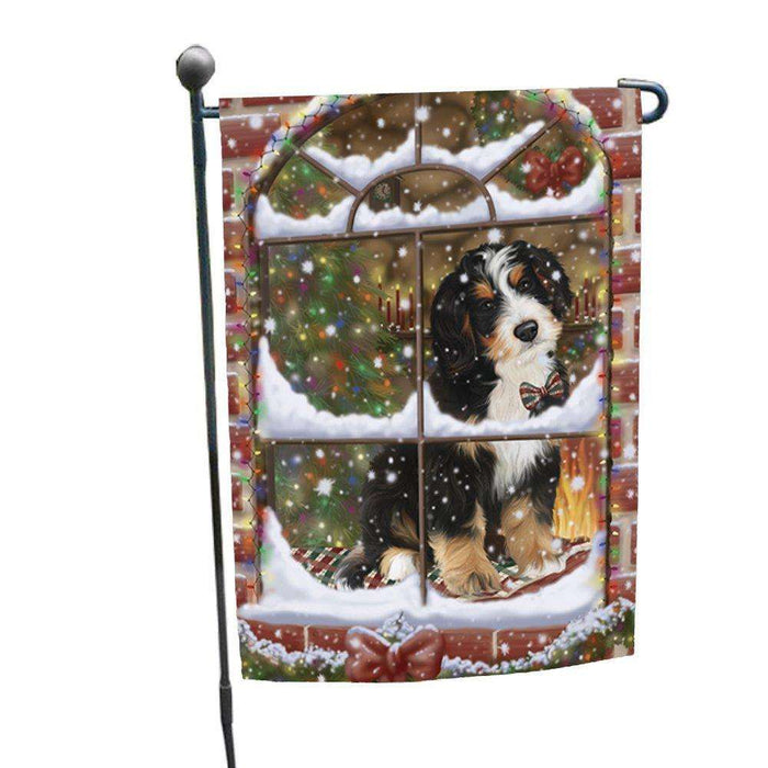 Please Come Home For Christmas Bernedoodle Dog Sitting In Window Garden Flag