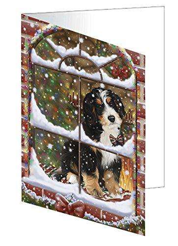 Please Come Home For Christmas Bernedoodle Dog Sitting In Window Handmade Artwork Assorted Pets Greeting Cards and Note Cards with Envelopes for All Occasions and Holiday Seasons