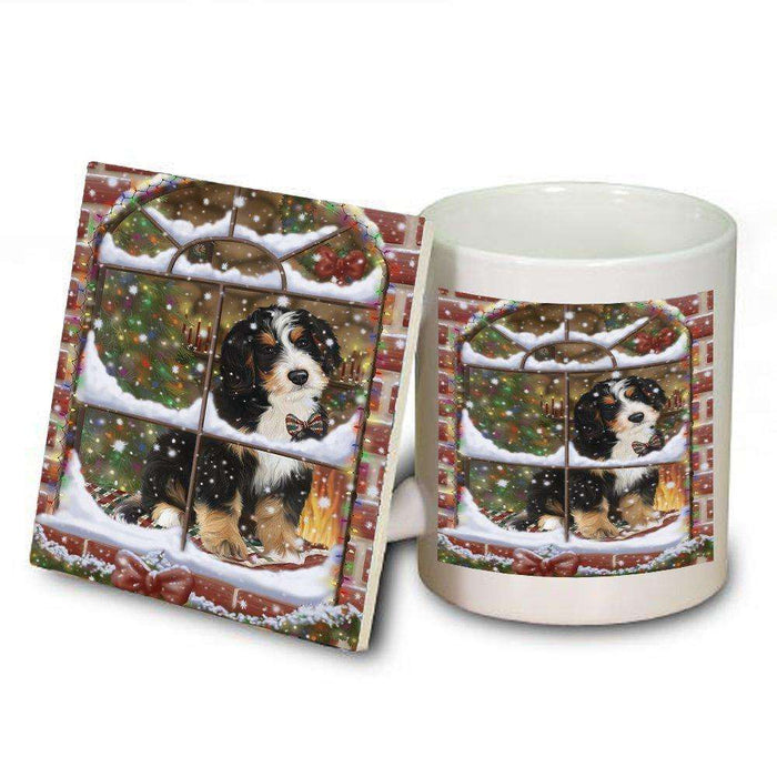 Please Come Home For Christmas Bernedoodle Dog Sitting In Window Mug and Coaster Set