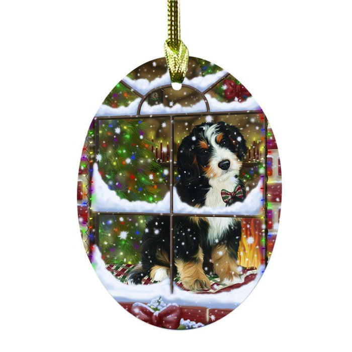 Please Come Home For Christmas Bernedoodle Dog Sitting In Window Oval Glass Christmas Ornament OGOR49133