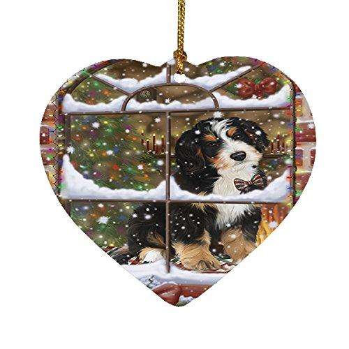 Please Come Home For Christmas Bernedoodle Sitting In Window Heart Ornament