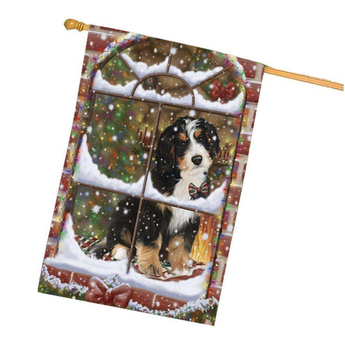 Please Come Home For Christmas Bernedoodle Sitting In Window House Flag