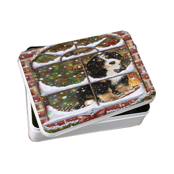 Please Come Home For Christmas Bernedoodle Sitting In Window Photo Storage Tin