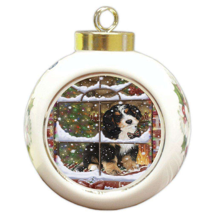 Please Come Home For Christmas Bernedoodle Sitting In Window Round Ball Ornament