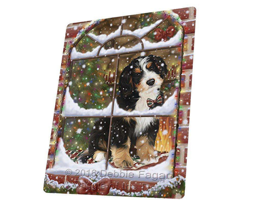 Please Come Home For Christmas Bernedoodle Sitting In Window Tempered Cutting Board