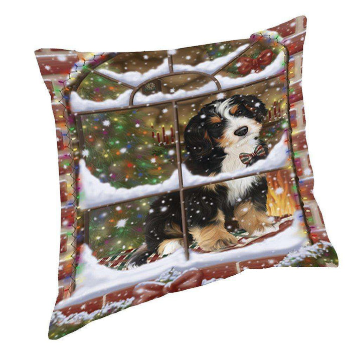 Please Come Home For Christmas Bernedoodle Sitting In Window Throw Pillow