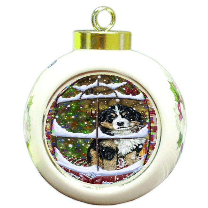 Please Come Home For Christmas Bernese Dog Sitting In Window Round Ball Ornament D384