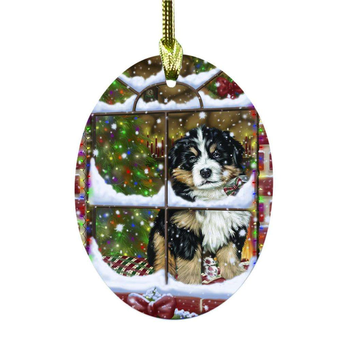 Please Come Home For Christmas Bernese Mountain Dog Sitting In Window Oval Glass Christmas Ornament OGOR49134
