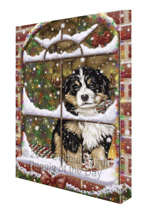 Please Come Home For Christmas Bernese Mountain Dog Sitting In Window Painting Printed on Canvas Wall Art
