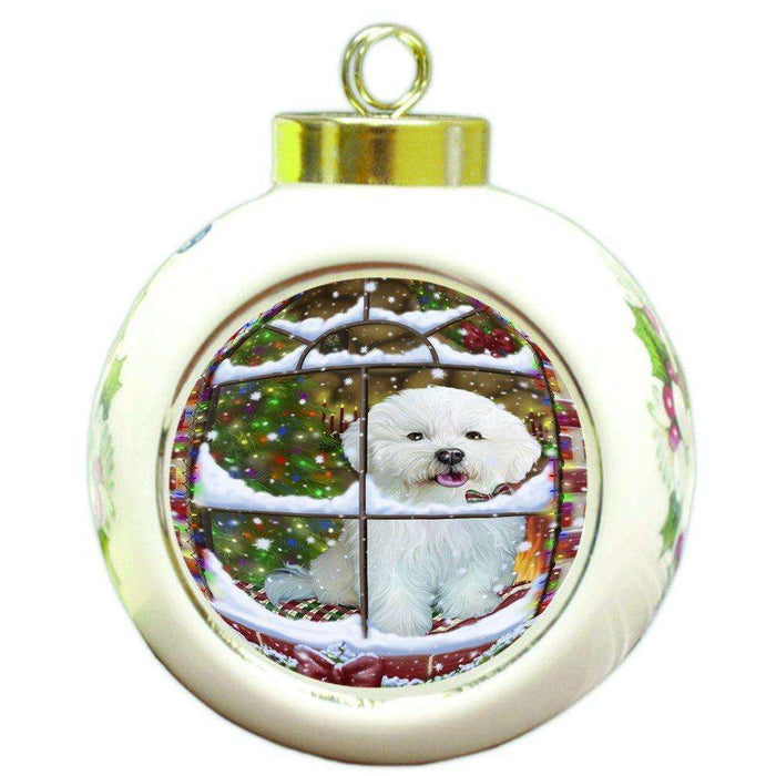 Please Come Home For Christmas Bichon Dog Sitting In Window Round Ball Ornament D385