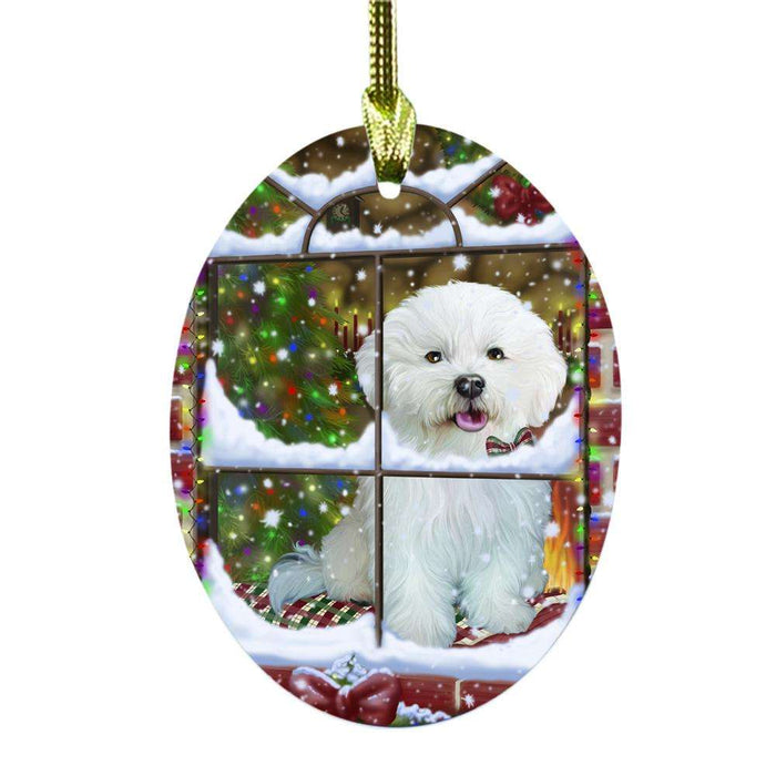 Please Come Home For Christmas Bichon Frise Dog Sitting In Window Oval Glass Christmas Ornament OGOR49135