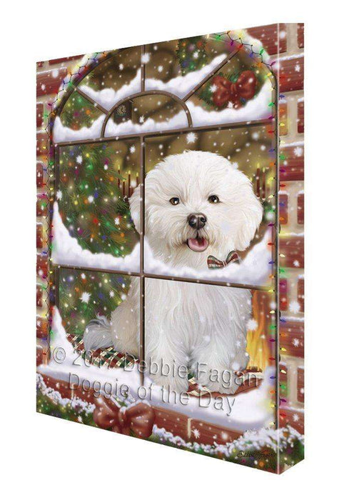 Please Come Home For Christmas Bichon Frise Dog Sitting In Window Painting Printed on Canvas Wall Art