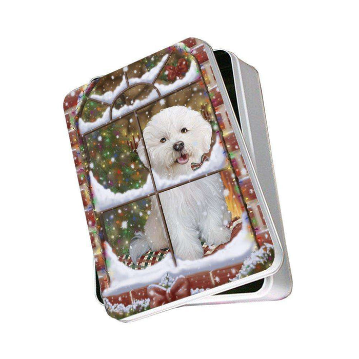 Please Come Home For Christmas Bichon Frise Dog Sitting In Window Photo Storage Tin