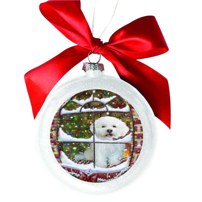 Please Come Home For Christmas Bichon Frise Dog Sitting In Window White Round Ball Christmas Ornament WBSOR49135