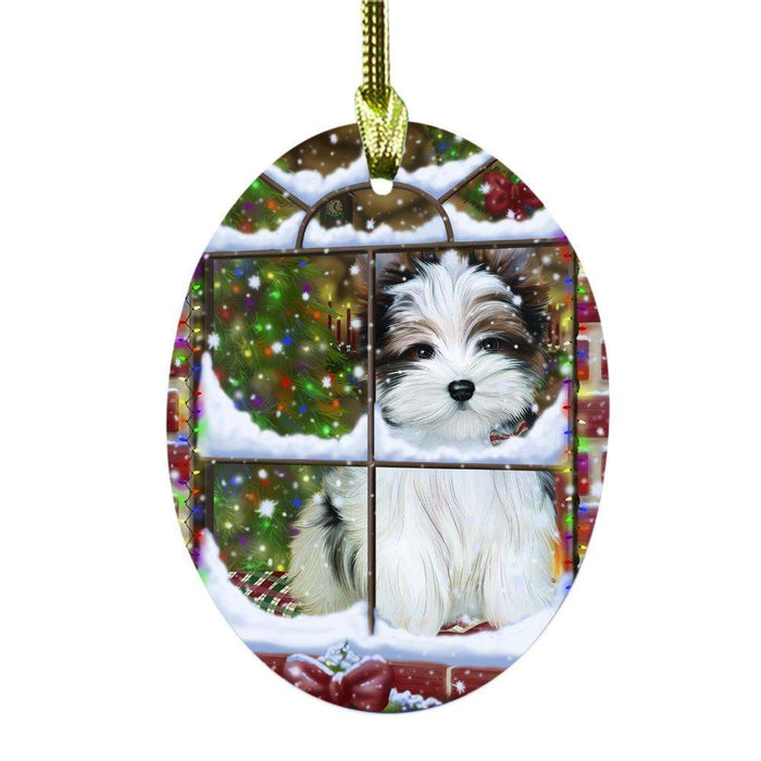 Please Come Home For Christmas Biewer Dog Sitting In Window Oval Glass Christmas Ornament OGOR49136