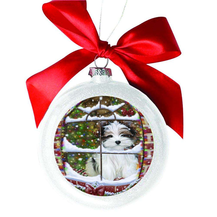 Please Come Home For Christmas Biewer Dog Sitting In Window White Round Ball Christmas Ornament WBSOR49136