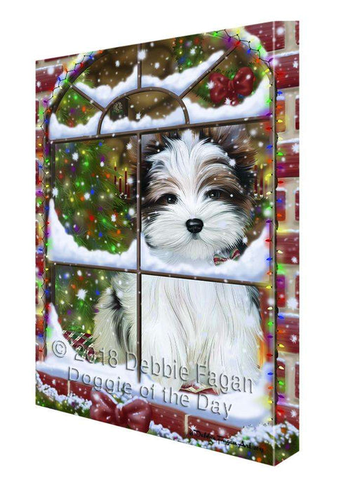 Please Come Home For Christmas Biewer Terrier Dog Sitting In Window Canvas Print Wall Art Décor CVS100403