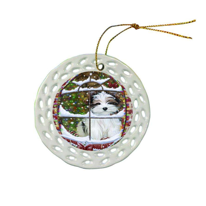 Please Come Home For Christmas Biewer Terrier Dog Sitting In Window Ceramic Doily Ornament DPOR53617