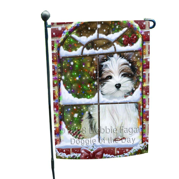 Please Come Home For Christmas Biewer Terrier Dog Sitting In Window Garden Flag GFLG53679
