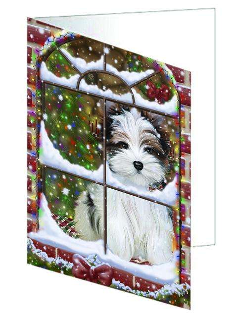 Please Come Home For Christmas Biewer Terrier Dog Sitting In Window Handmade Artwork Assorted Pets Greeting Cards and Note Cards with Envelopes for All Occasions and Holiday Seasons GCD64880