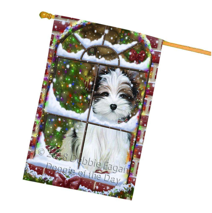 Please Come Home For Christmas Biewer Terrier Dog Sitting In Window House Flag FLG53815