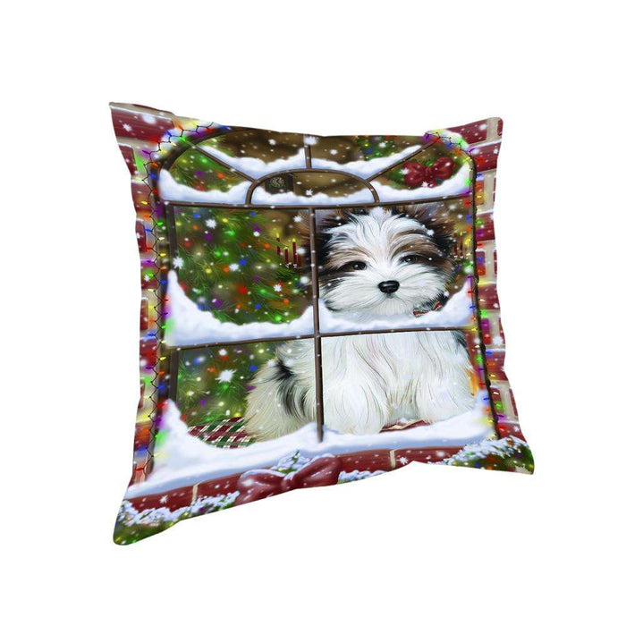 Please Come Home For Christmas Biewer Terrier Dog Sitting In Window Pillow PIL71092