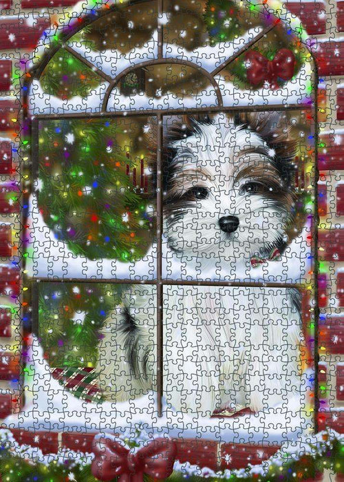 Please Come Home For Christmas Biewer Terrier Dog Sitting In Window Puzzle with Photo Tin PUZL81624