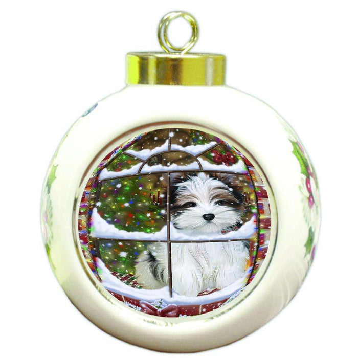 Please Come Home For Christmas Biewer Terrier Dog Sitting In Window Round Ball Christmas Ornament RBPOR53617