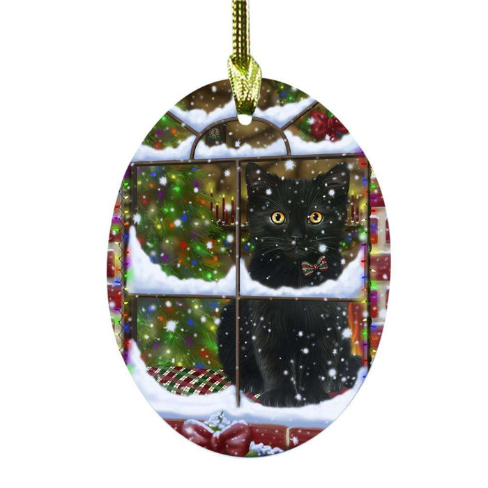 Please Come Home For Christmas Black Cat Sitting In Window Oval Glass Christmas Ornament OGOR49137