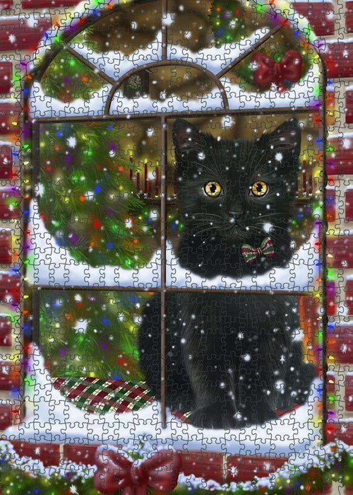 Please Come Home For Christmas Black Cat Sitting In Window Puzzle with Photo Tin PUZL81628