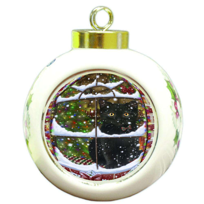 Please Come Home For Christmas Black Cat Sitting In Window Round Ball Christmas Ornament RBPOR53618
