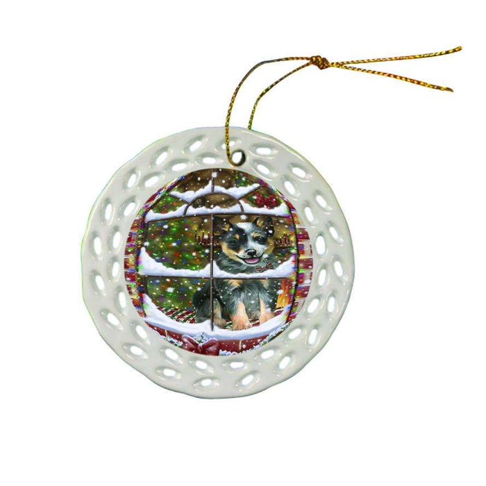 Please Come Home For Christmas Blue Heeler Dog Sitting In Window Ceramic Doily Ornament DPOR53619