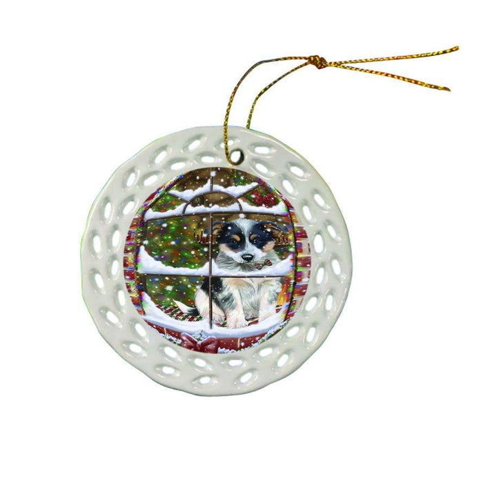 Please Come Home For Christmas Blue Heeler Dog Sitting In Window Ceramic Doily Ornament DPOR53620