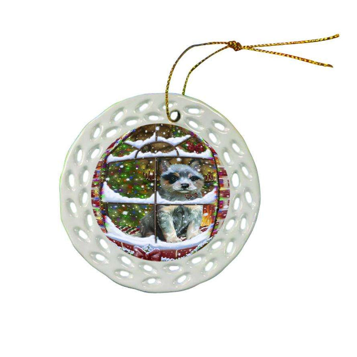 Please Come Home For Christmas Blue Heeler Dog Sitting In Window Ceramic Doily Ornament DPOR53621
